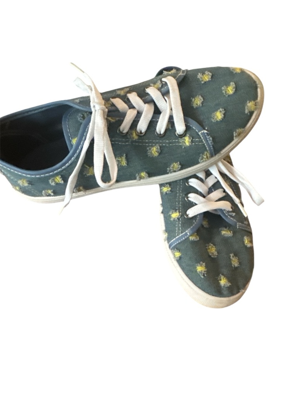 Love83 Blue lace up sneakers with Yellow raggedy Accents SZ 8